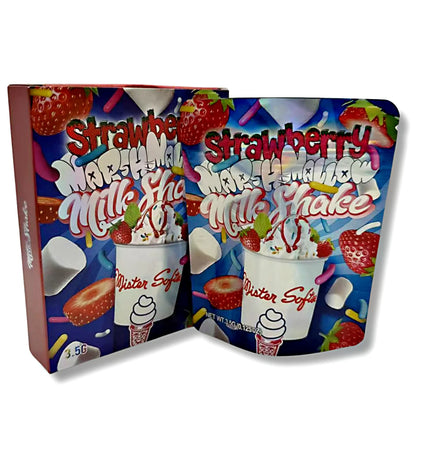 Mylar bags with box, herb Mylar Bags, Where to buy mylar bags, Custom mylar bags near me, Mylar Bags Wholesale. Strawberry milkshake packaging with colorful design on a white background