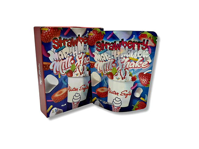 Mylar bags with box, herb Mylar Bags, Where to buy mylar bags, Custom mylar bags near me, Mylar Bags Wholesale. Strawberry milkshake packaging with colorful design on a white background