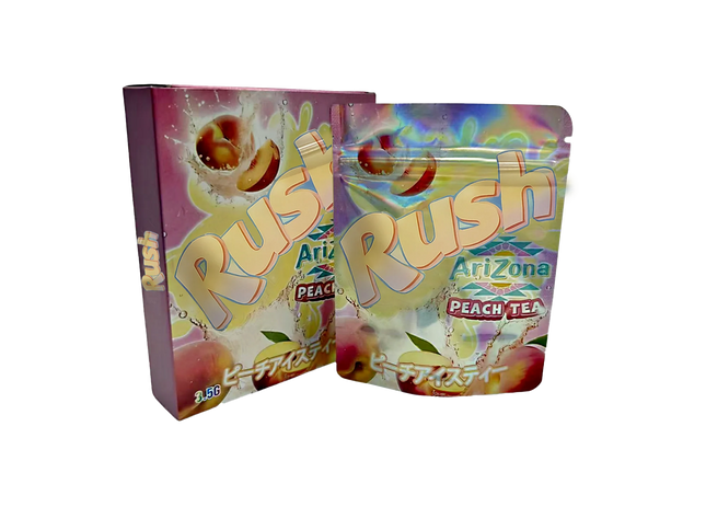 Mylar Bag Arizona Peach Tea Rush packaging with colorful design on a white background