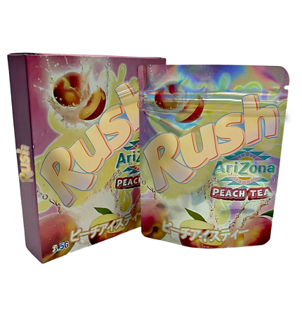 Mylar Bag Arizona Peach Tea Rush packaging with colorful design on a white background