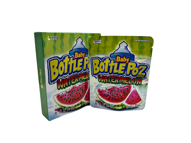 Two Mylar Bag packages of Baby Bottle Poz Watermelon candy on a white background