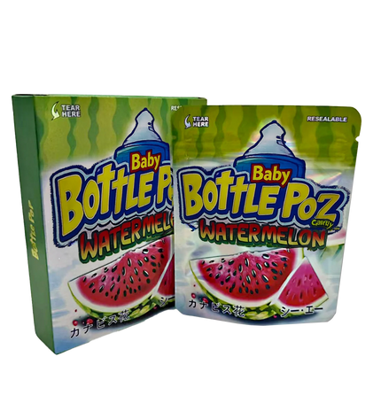 Two Mylar Bag packages of Baby Bottle Poz Watermelon candy on a white background