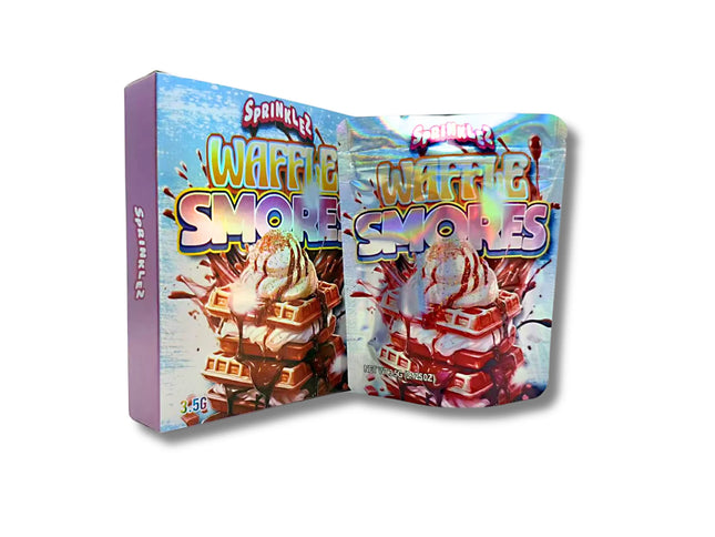 Mylar bags with box, herb Mylar Bags, Where to buy mylar bags, Custom mylar bags near me, Mylar Bags Wholesale. Waffle S'mores packaging with ice cream and waffles on a white background