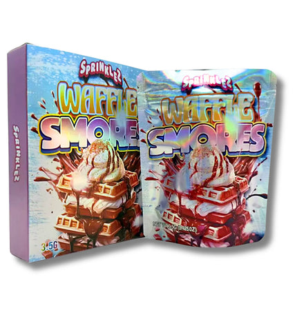 Mylar bags with box, herb Mylar Bags, Where to buy mylar bags, Custom mylar bags near me, Mylar Bags Wholesale. Waffle S'mores packaging with ice cream and waffles on a white background