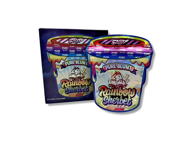 Mylar bags with box, herb Mylar Bags, Where to buy mylar bags, Custom mylar bags near me, Mylar Bags Wholesale. Two packages of Pure Blunt Rainbow Sherbet on a white background
