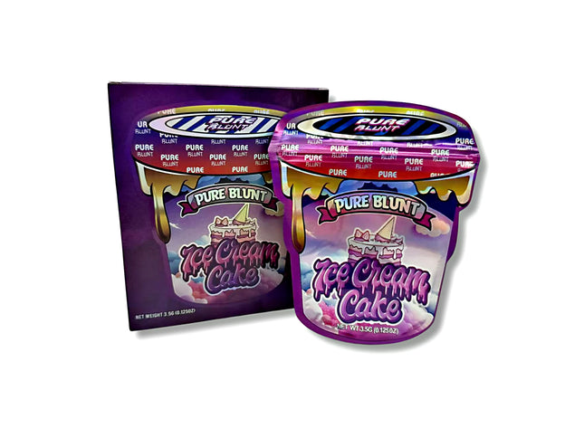 Mylar bags with box, herb Mylar Bags, Where to buy mylar bags, Custom mylar bags near me, Mylar Bags Wholesale.Two containers of Pure Blunt Ice Cream Cake flavor on a white background