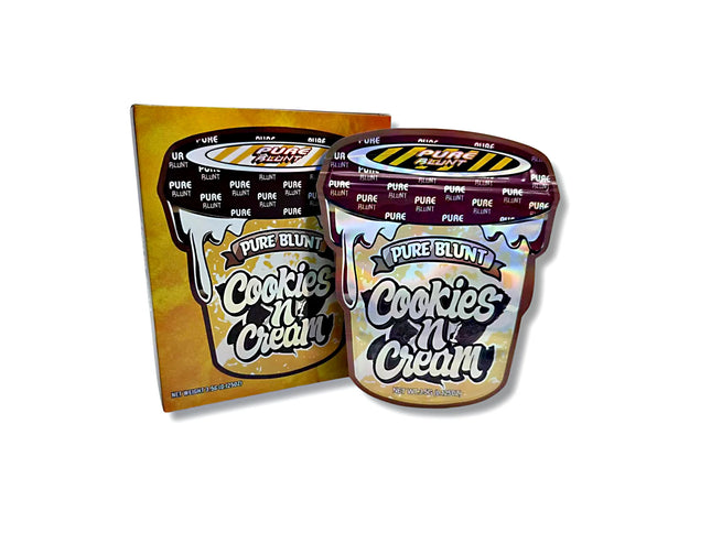 Mylar bags with box, herb Mylar Bags, Where to buy mylar bags, Custom mylar bags near me, Mylar Bags Wholesale.Two containers of Pure Blunt Cookies 'N Cream ice cream with a box in the background.