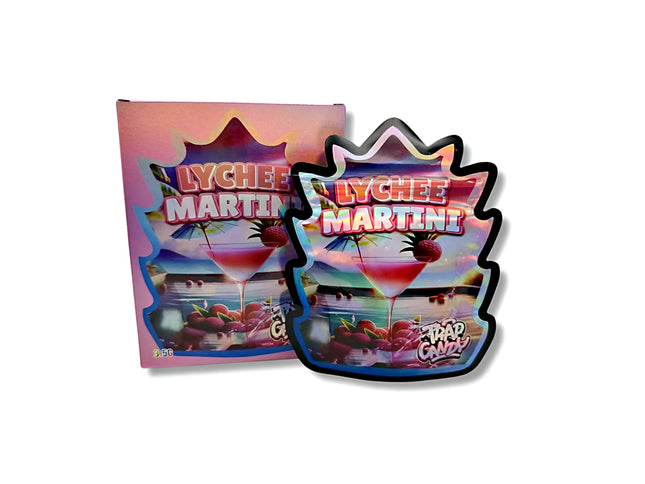Mylar bags with box, herb Mylar Bags, Where to buy mylar bags, Custom mylar bags near me, Mylar Bags Wholesale.Packaging of Lychee Martini candy with colorful design on a white background