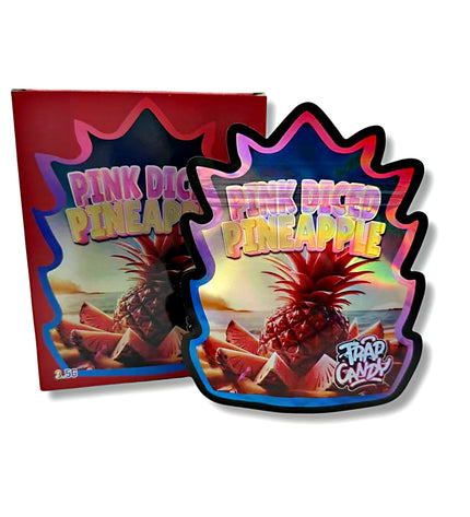 Mylar bags with box, herb Mylar Bags, Where to buy mylar bags, Custom mylar bags near me, Mylar Bags Wholesale.Pink Diced Pineapple packaging with colorful design on a white background