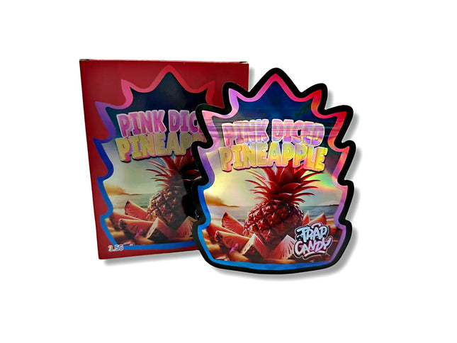 Mylar bags with box, herb Mylar Bags, Where to buy mylar bags, Custom mylar bags near me, Mylar Bags Wholesale.Pink Diced Pineapple packaging with colorful design on a white background