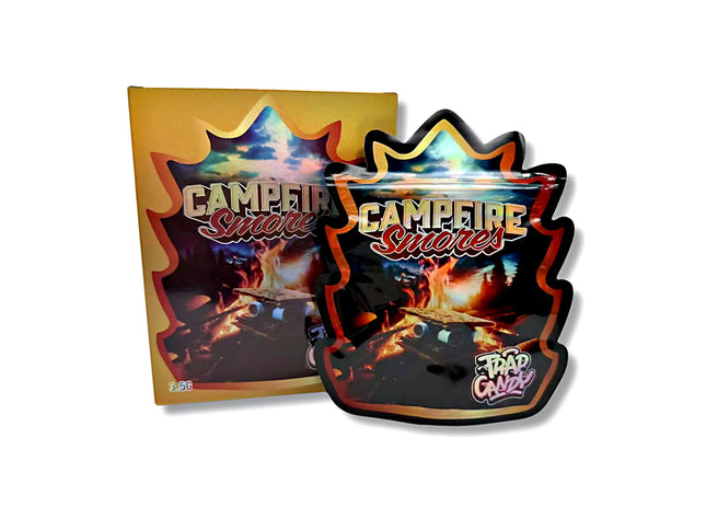 Mylar bags with box, herb Mylar Bags, Where to buy mylar bags, Custom mylar bags near me, Mylar Bags Wholesale.Two 'Campefire Smores' product packages with a campfire design on a white background.