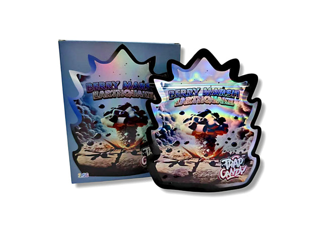 Mylar bags with box, herb Mylar Bags, Where to buy mylar bags, Custom mylar bags near me, Mylar Bags Wholesale.Holographic candy packaging with 'Berry Marsh Earthquake' text and character design on a white background
