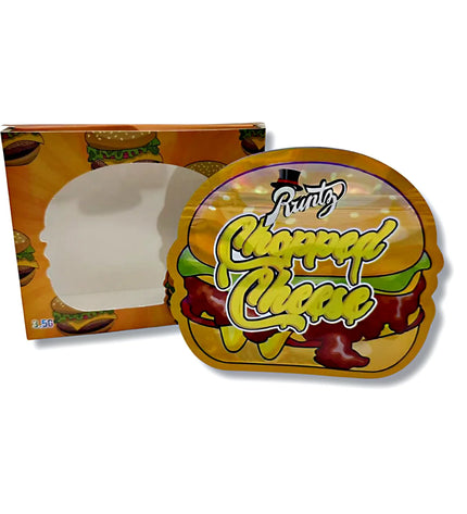 25 Pack 3.5g Shaped Mylar Bags & Window Boxes – Chopped Cheese Graphic
