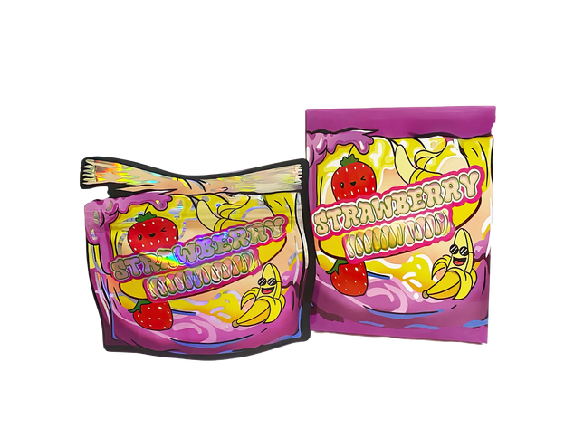 25 Pack 3.5g Shaped Mylar Bags & Matching Boxes – Strawberry Banana