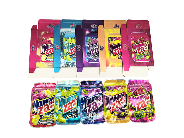 25-Pack 3.5g Shaped Mylar Bags & Boxes - Mountain Design Sodas | Mylar Kings Packaging