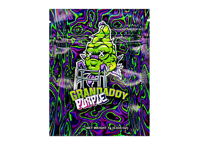 100 Pack 1g Mylar Bags – Purple Character Graphic