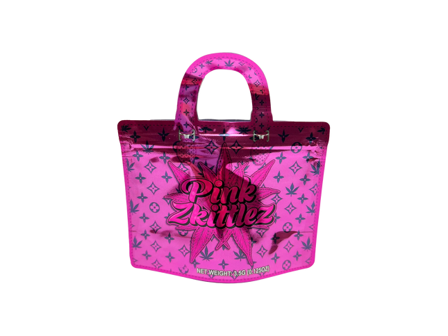 50 Pack 3.5G Handbag-Style Mylar Bags – Pink Abstract Design
