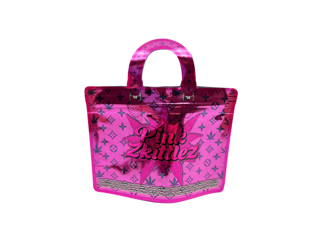 50 Pack 3.5G Handbag-Style Mylar Bags – Pink Abstract Design