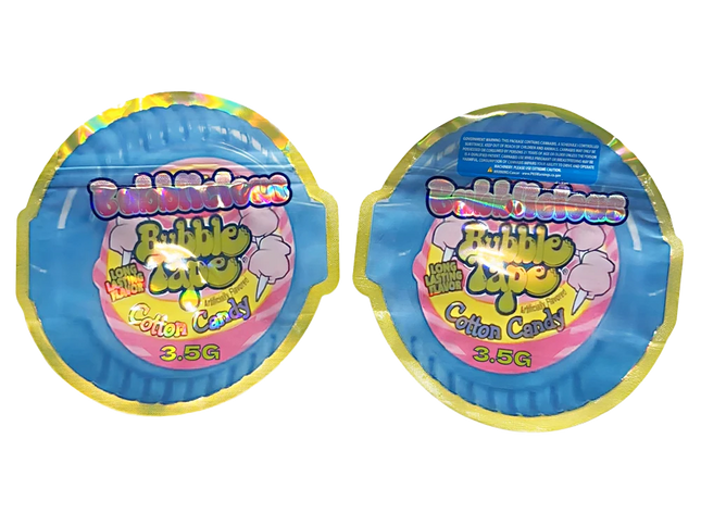 Shaped Mylar bag 3.5g, herb Mylar Bags, Where to buy mylar bags, Custom mylar bags near me, Mylar Bags Wholesale. Two packages of Cotton Candy Bubble Tape on a white background