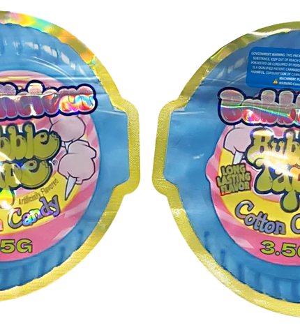 Shaped Mylar bag 3.5g, herb Mylar Bags, Where to buy mylar bags, Custom mylar bags near me, Mylar Bags Wholesale. Two packages of Cotton Candy Bubble Tape on a white background