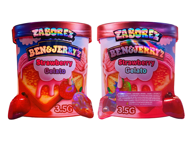 Two Mylar Bag small containers of Zaborez Ben & Jerry's Strawberry Gelato on a white background