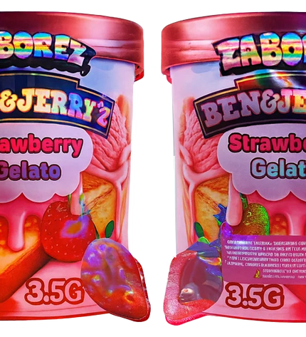Two Mylar Bag small containers of Zaborez Ben & Jerry's Strawberry Gelato on a white background