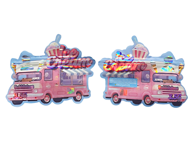 Shaped Mylar bag 3.5g, herb Mylar Bags, Where to buy mylar bags, Custom mylar bags near me, Mylar Bags Wholesale. Two pink ice cream truck-shaped objects with colorful details on a white background