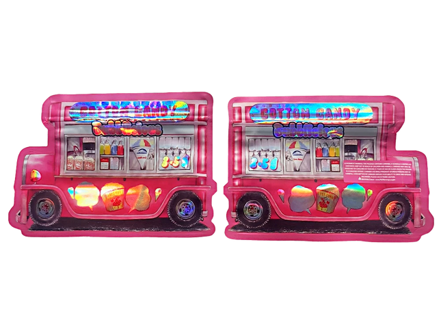 Shaped Mylar bag 3.5g, herb Mylar Bags, Where to buy mylar bags, Custom mylar bags near me, Mylar Bags Wholesale. Two pink ice cream truck toys on a white background