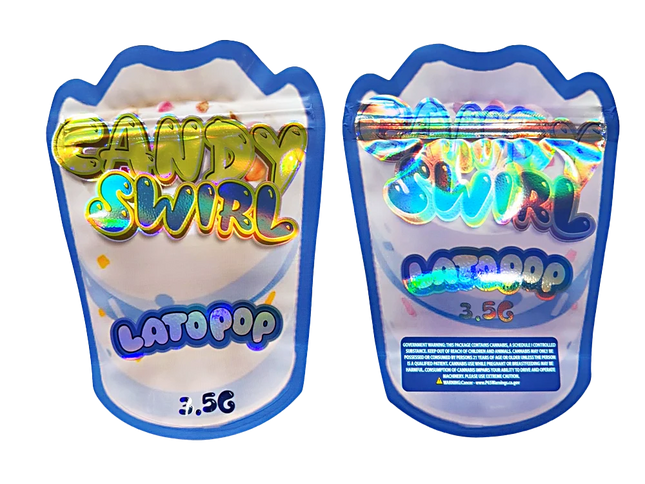 Shaped Mylar bag 3.5g, herb Mylar Bags, Where to buy mylar bags, Custom mylar bags near me, Mylar Bags Wholesale. Two packages of Candy Swirl Lat Pop with colorful text on a white background