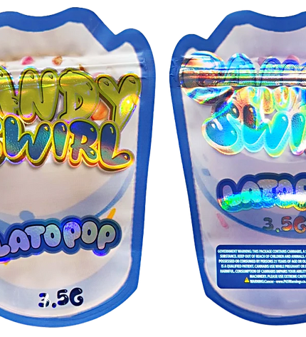 Shaped Mylar bag 3.5g, herb Mylar Bags, Where to buy mylar bags, Custom mylar bags near me, Mylar Bags Wholesale. Two packages of Candy Swirl Lat Pop with colorful text on a white background