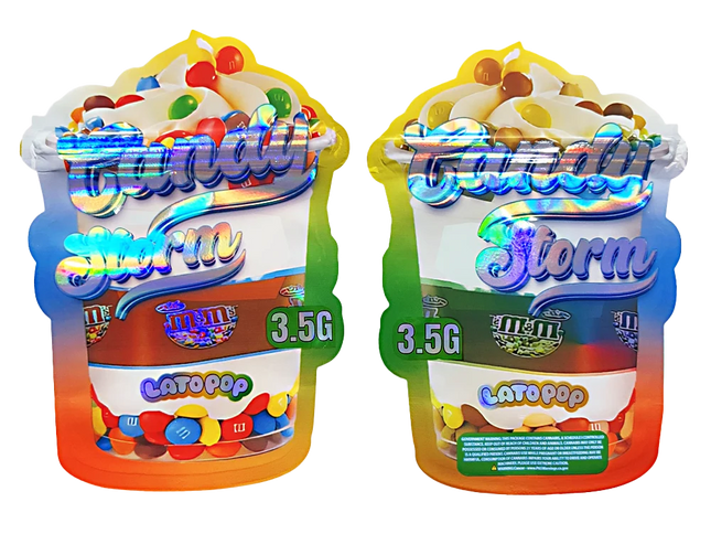 Shaped Mylar bag 3.5g, herb Mylar Bags, Where to buy mylar bags, Custom mylar bags near me, Mylar Bags Wholesale. Two packages of M&M's Candy Storm with colorful candy design on a white background