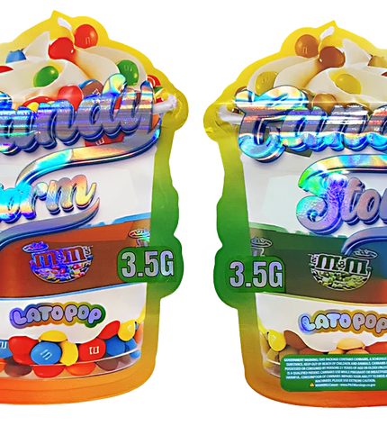 Shaped Mylar bag 3.5g, herb Mylar Bags, Where to buy mylar bags, Custom mylar bags near me, Mylar Bags Wholesale. Two packages of M&M's Candy Storm with colorful candy design on a white background