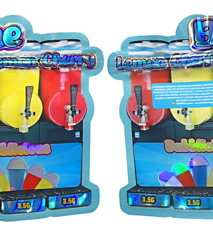 Shaped Mylar bag 3.5g, herb Mylar Bags, Where to buy mylar bags, Custom mylar bags near me, Mylar Bags Wholesale.  Two colorful ice cream dispensers with 'Blue' branding on a white background