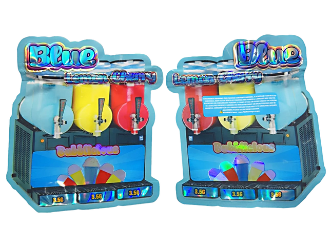 Shaped Mylar bag 3.5g, herb Mylar Bags, Where to buy mylar bags, Custom mylar bags near me, Mylar Bags Wholesale.  Two colorful ice cream dispensers with 'Blue' branding on a white background