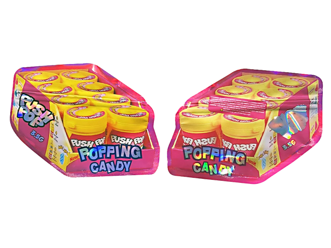Shaped Mylar bag 3.5g, herb Mylar Bags, Where to buy mylar bags, Custom mylar bags near me, Mylar Bags Wholesale. Two packages of Push & Pop Popping Candy on a white background