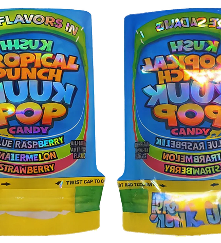 50 Pack 3.5g Shaped Mylar Bags – Tropical Punch Graphic