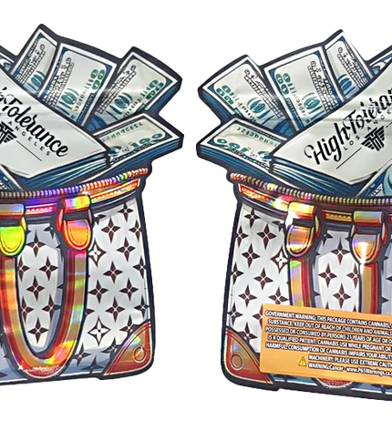 Shaped Mylar bag 3.5g, herb Mylar Bags, Where to buy mylar bags, Custom mylar bags near me, Mylar Bags Wholesale. Two colorful purses with money design on a white background