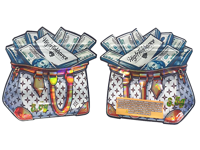 Shaped Mylar bag 3.5g, herb Mylar Bags, Where to buy mylar bags, Custom mylar bags near me, Mylar Bags Wholesale. Two colorful purses with money design on a white background