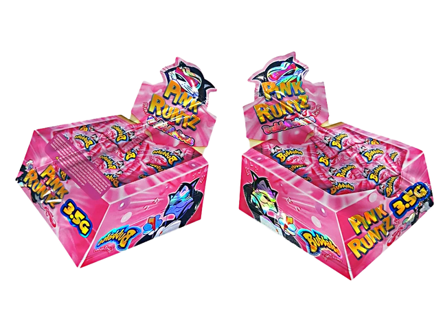 Shaped Mylar bag 3.5g, herb Mylar Bags, Where to buy mylar bags, Custom mylar bags near me, Mylar Bags Wholesale. Pink Rummy game boxes with colorful text on a white background