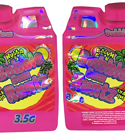 Shaped Mylar bag 3.5g, herb Mylar Bags, Where to buy mylar bags, Custom mylar bags near me, Mylar Bags Wholesale. Two pink bottles of Bubble Gum Flutz with colorful labels on a white background