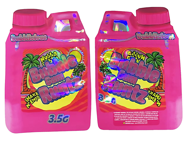 Shaped Mylar bag 3.5g, herb Mylar Bags, Where to buy mylar bags, Custom mylar bags near me, Mylar Bags Wholesale. Two pink bottles of Bubble Gum Flutz with colorful labels on a white background