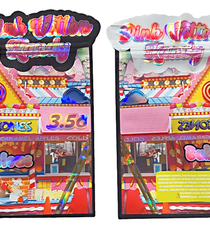 Shaped Mylar bag 3.5g, herb Mylar Bags, Where to buy mylar bags, Custom mylar bags near me, Mylar Bags Wholesale. Two colorful candy display stands with various candy names and prices.