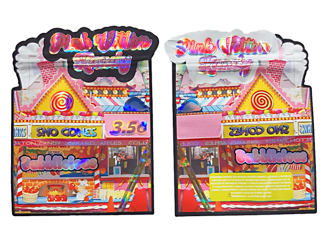 Shaped Mylar bag 3.5g, herb Mylar Bags, Where to buy mylar bags, Custom mylar bags near me, Mylar Bags Wholesale. Two colorful candy display stands with various candy names and prices.