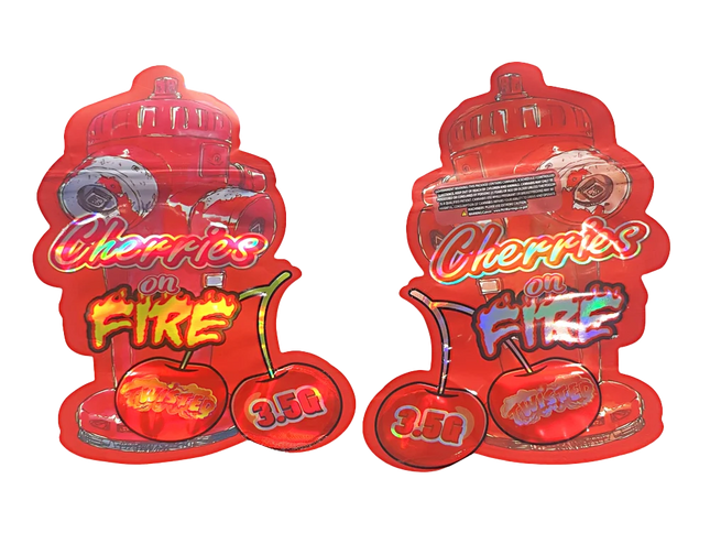 Shaped Mylar bag 3.5g, herb Mylar Bags, Where to buy mylar bags, Custom mylar bags near me, Mylar Bags Wholesale. Two red packaging of 'Cherries on Fire' candy on a white background