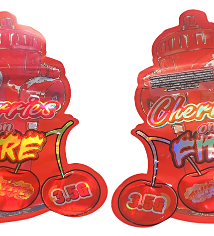 Shaped Mylar bag 3.5g, herb Mylar Bags, Where to buy mylar bags, Custom mylar bags near me, Mylar Bags Wholesale. Two red packaging of 'Cherries on Fire' candy on a white background