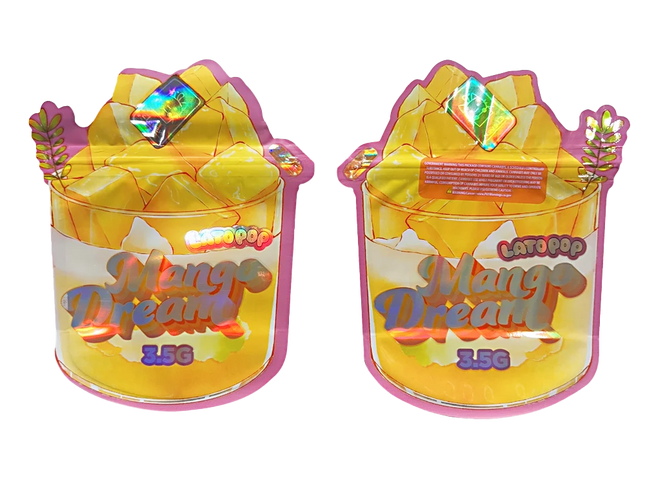 Shaped Mylar bag 3.5g, herb Mylar Bags, Where to buy mylar bags, Custom mylar bags near me, Mylar Bags Wholesale. Two containers of 'Mango Dream' candy with colorful packaging on a white background.