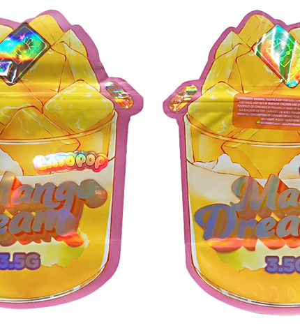 Shaped Mylar bag 3.5g, herb Mylar Bags, Where to buy mylar bags, Custom mylar bags near me, Mylar Bags Wholesale. Two containers of 'Mango Dream' candy with colorful packaging on a white background.