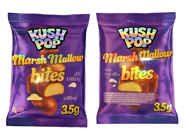 Two Mylar Bag packages of Kush Pop Marshmallow bites on a white background