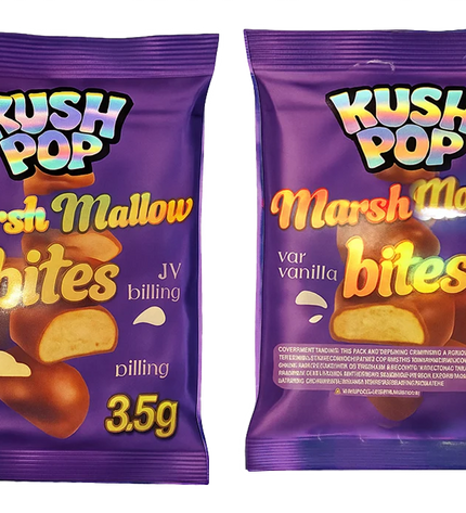 Two Mylar Bag packages of Kush Pop Marshmallow bites on a white background