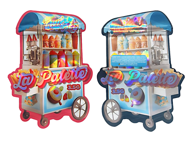 Shaped Mylar bag 3.5g, herb Mylar Bags, Where to buy mylar bags, Custom mylar bags near me, Mylar Bags Wholesale. Two colorful La Palette candy carts on a white background